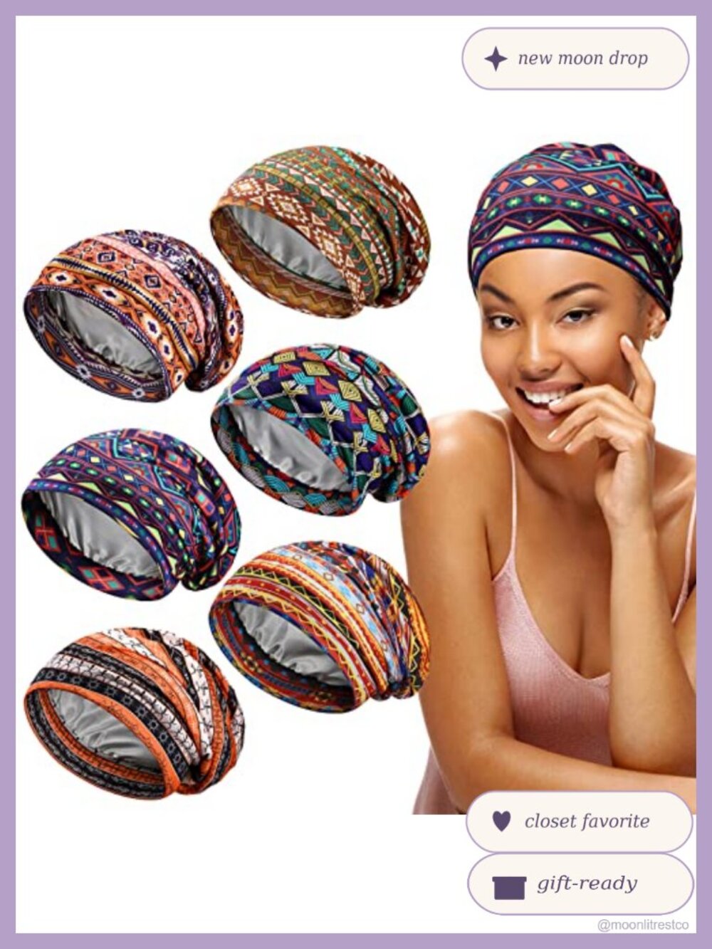 6 Pc Satin Lined Sleep Cap Set Turban Beanie Hair Bonnets Chemo Cap
